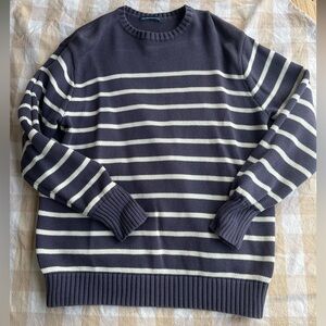 Brandy Melville Navy and Cream Striped Crewneck Sweater